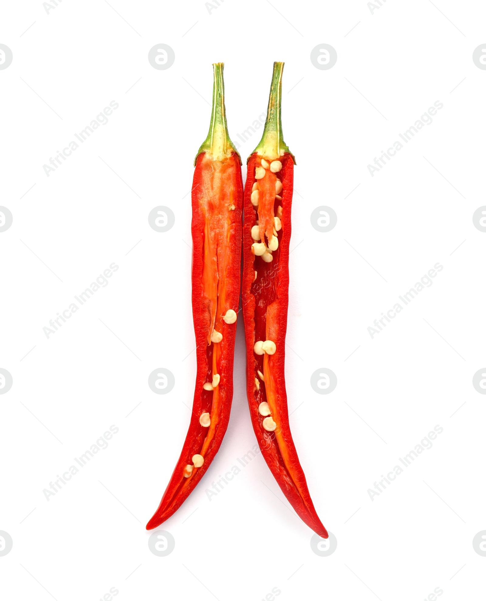 Photo of Fresh red chili pepper on white background, top view with space for text