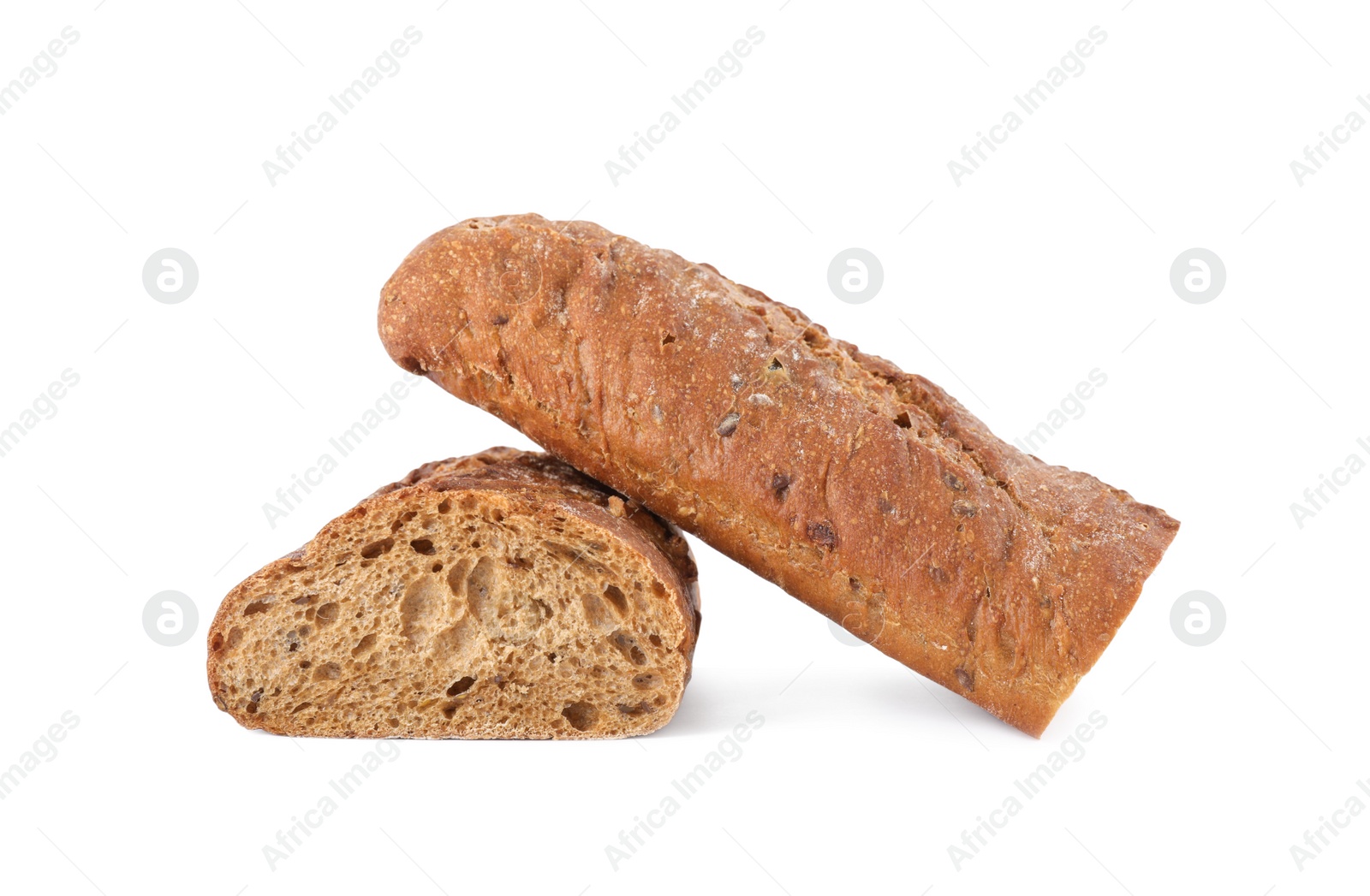 Photo of Pieces of fresh buckwheat baguette on white background