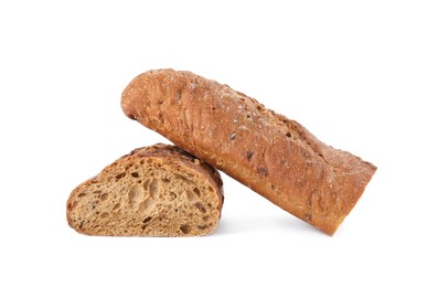 Photo of Pieces of fresh buckwheat baguette on white background