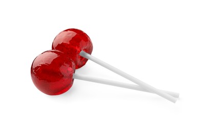 Photo of Two sweet red lollipops isolated on white