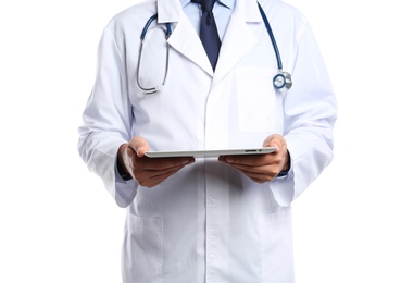 Photo of Male doctor holding modern tablet on white background, closeup