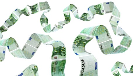 Ribbon of euro banknotes flying on white background