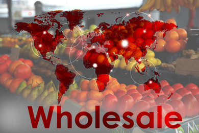 Image of Wholesale business. World map and blurred assortment of fruits on background