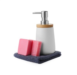 Photo of Soap bars, dispenser and terry towel on white background