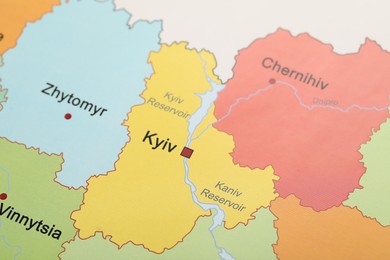 Photo of Kyiv region on map of Ukraine, closeup