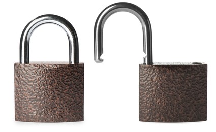 Image of Locked and open metal padlocks on white background, collage