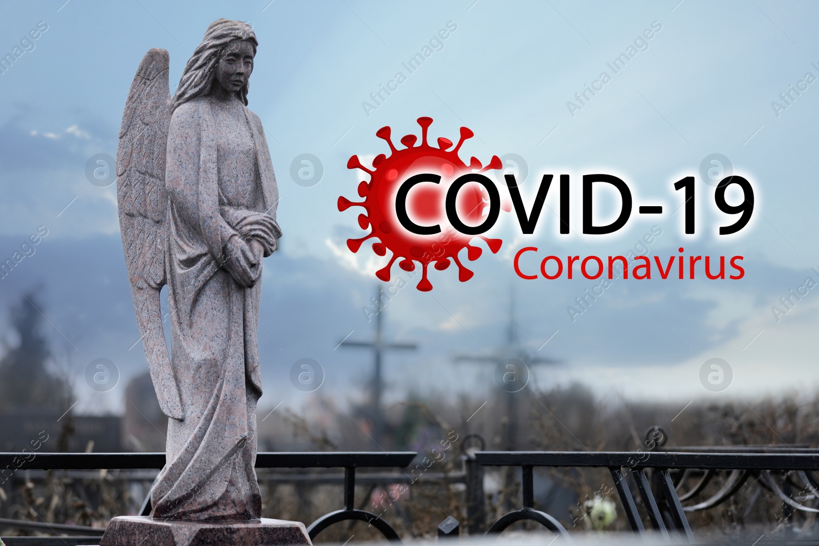 Image of Funeral ceremony devoted to coronavirus victims. Granite angel on cemetery