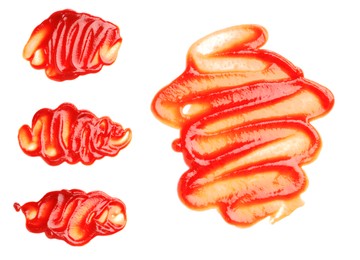 Image of Set of tasty ketchup on white background, top view. Tomato sauce