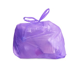 Photo of Full violet garbage bag isolated on white. Rubbish recycling