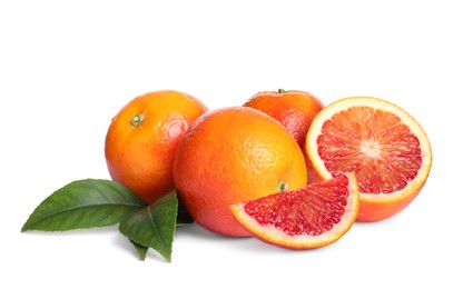 Delicious ripe red oranges on white background