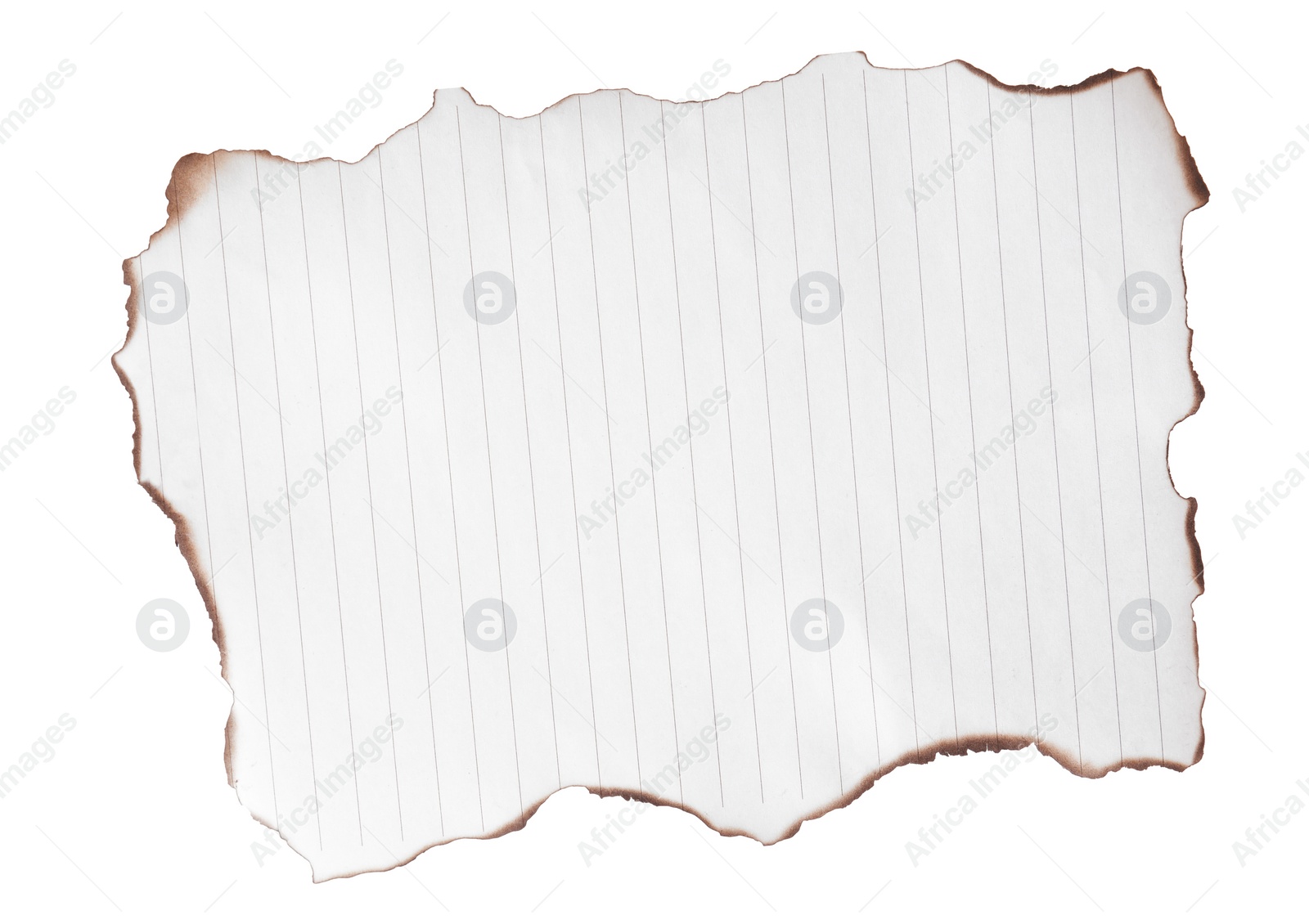 Photo of Piece of paper with dark burnt borders isolated on white. Space for text