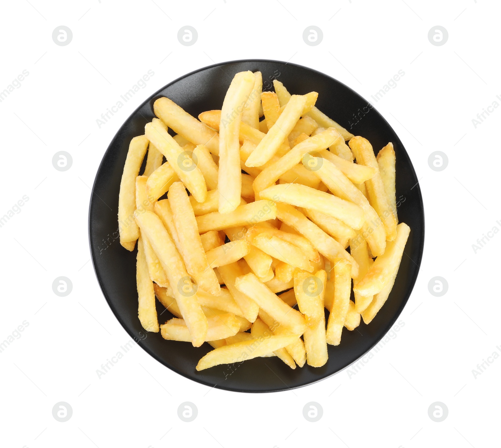 Photo of Plate with delicious french fries on white background, top view