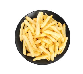 Plate with delicious french fries on white background, top view