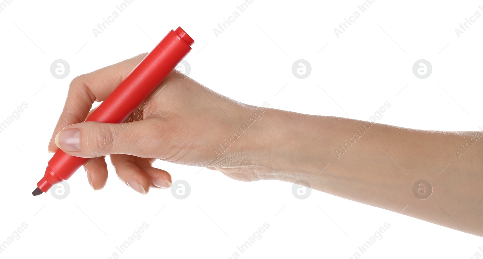 Photo of Woman holding red marker on white background, closeup