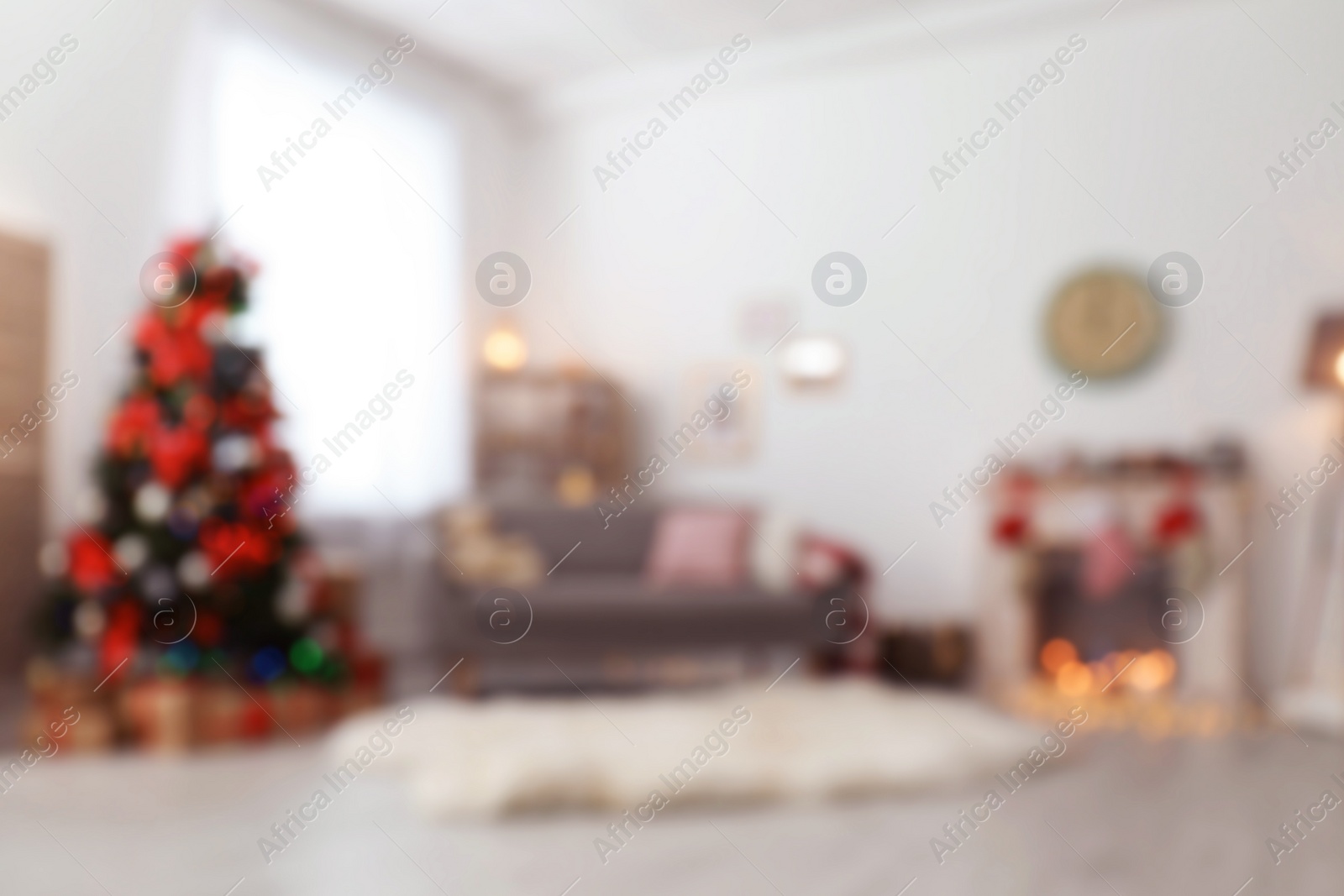 Photo of Blurred view of living room with beautiful Christmas tree