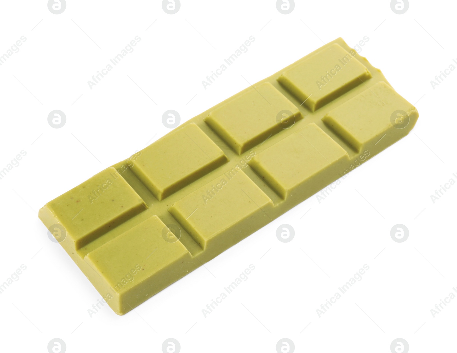 Photo of Piece of tasty matcha chocolate bar isolated on white