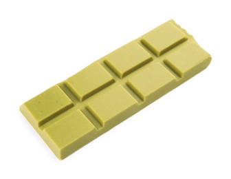 Piece of tasty matcha chocolate bar isolated on white