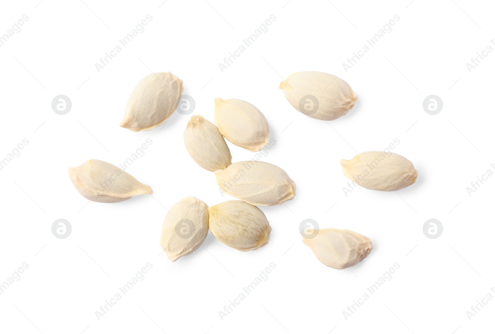 Photo of Many seeds of tangerine isolated on white, top view