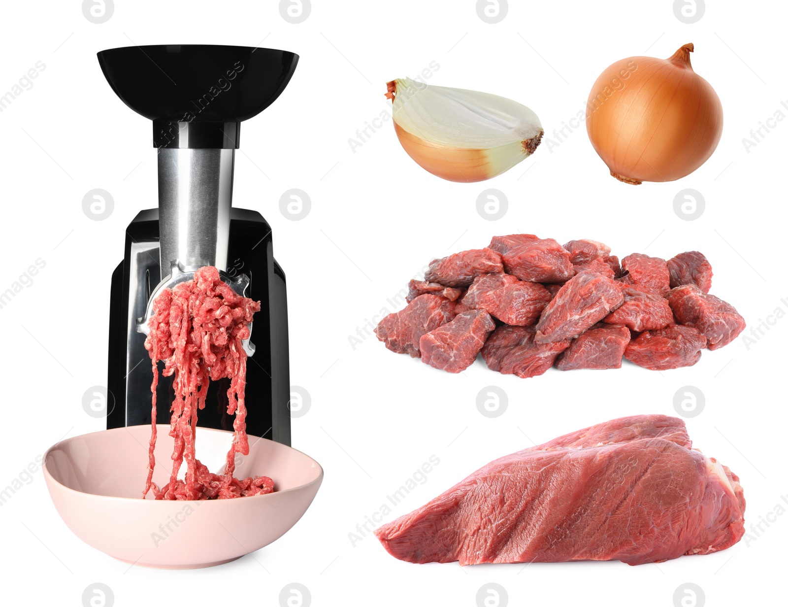 Image of Electric meat grinder with mince beef and products isolated on white , set