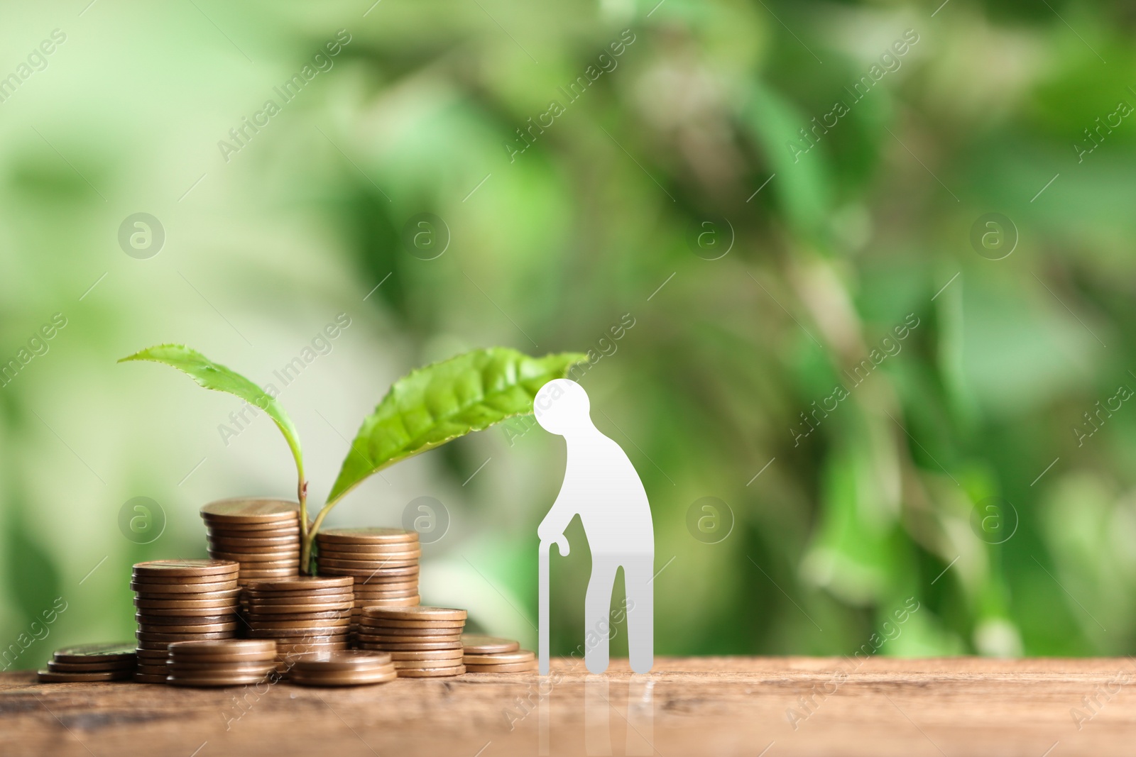 Image of Pension concept. Elderly man illustration, coins and sprout on wooden table. Space for text