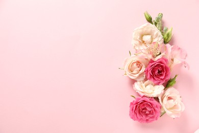 Photo of Happy Mother's Day. Beautiful roses on pink background, flat lay. Space for text