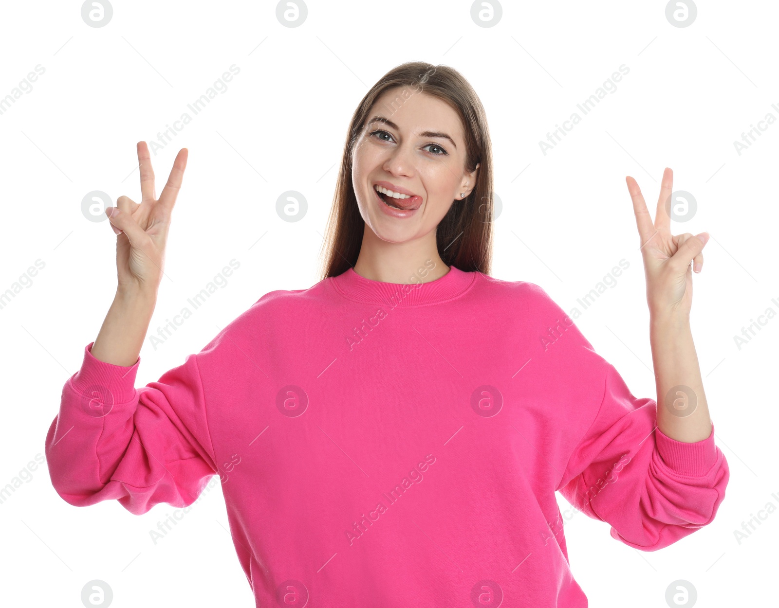 Photo of Woman showing number four with her hands on white background