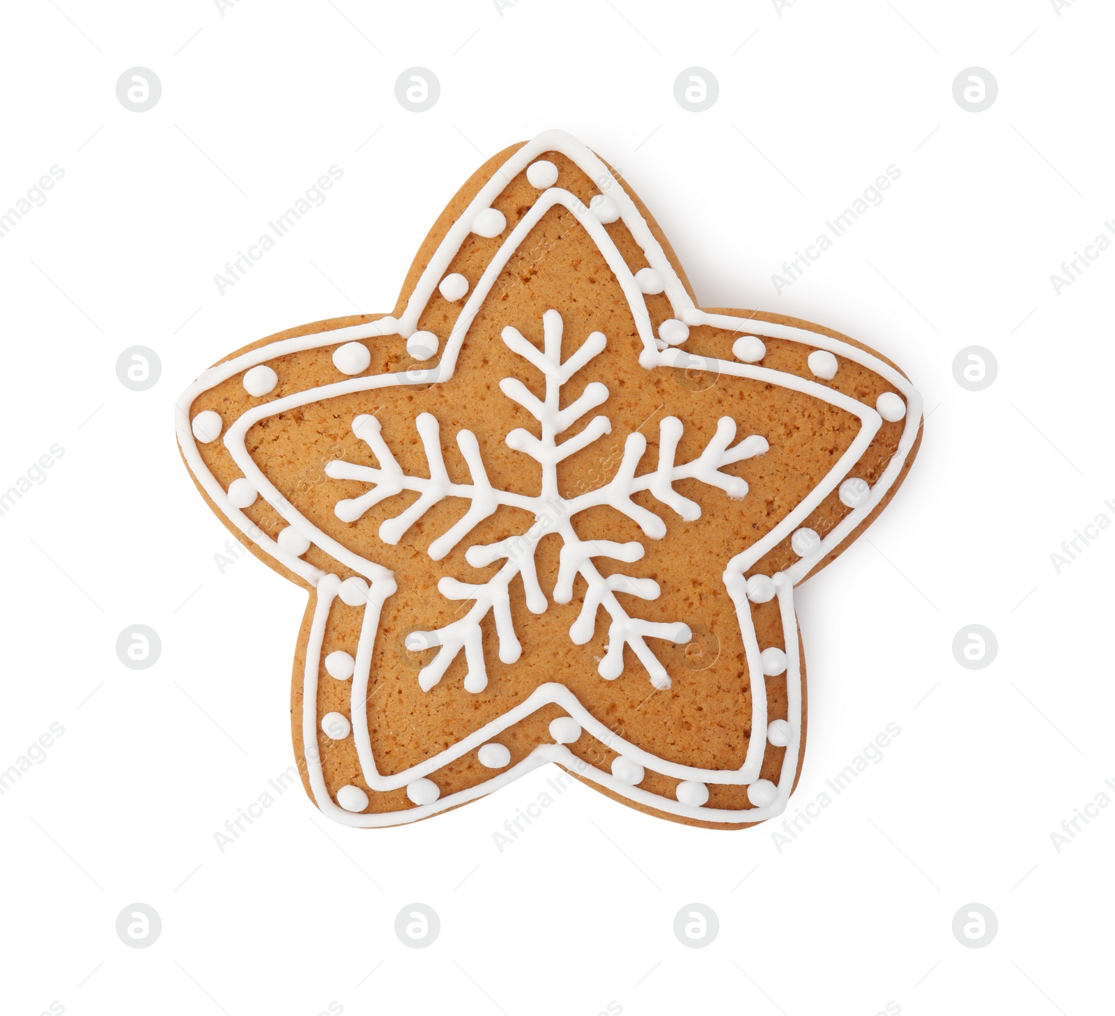 Photo of Tasty star shaped Christmas cookie with icing isolated on white, top view