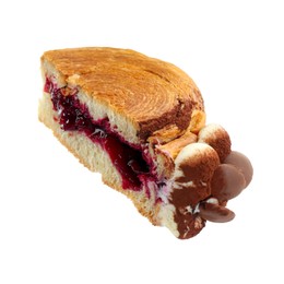 Photo of Half of round croissant with jam isolated on white. Tasty puff pastry