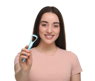 Photo of Happy woman with tongue cleaner on white background, selective focus
