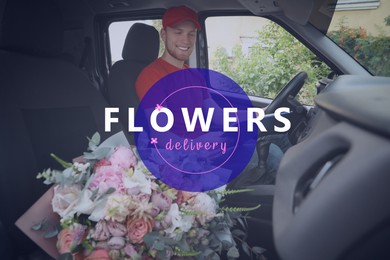 Delivery man with beautiful flower bouquet in car