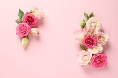 Photo of Happy Mother's Day. Beautiful roses on pink background, flat lay. Space for text