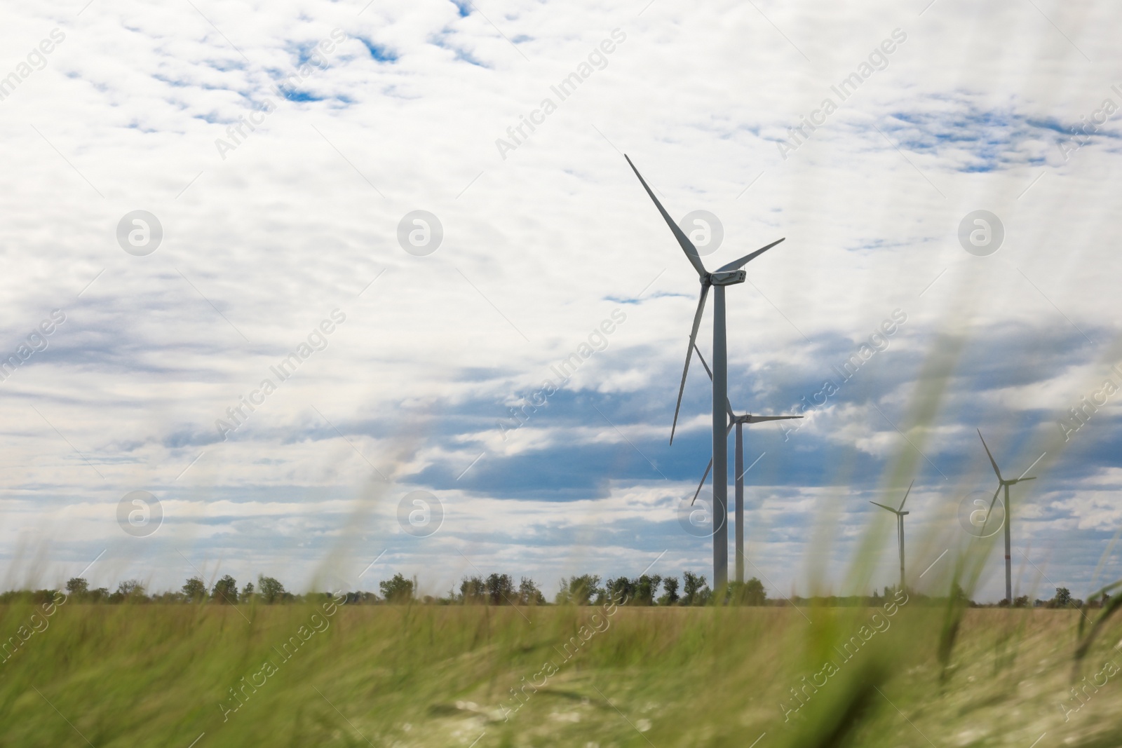 Photo of Beautiful view of field with wind turbines. Alternative energy source