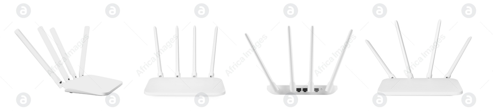 Image of Modern Wi-Fi router on white background, view from different sides