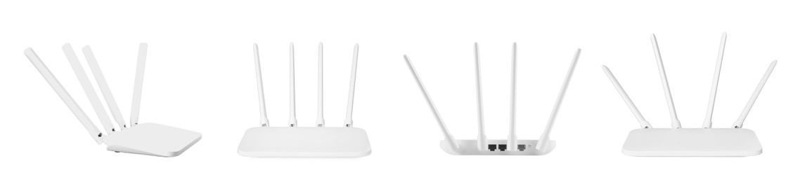 Image of Modern Wi-Fi router on white background, view from different sides