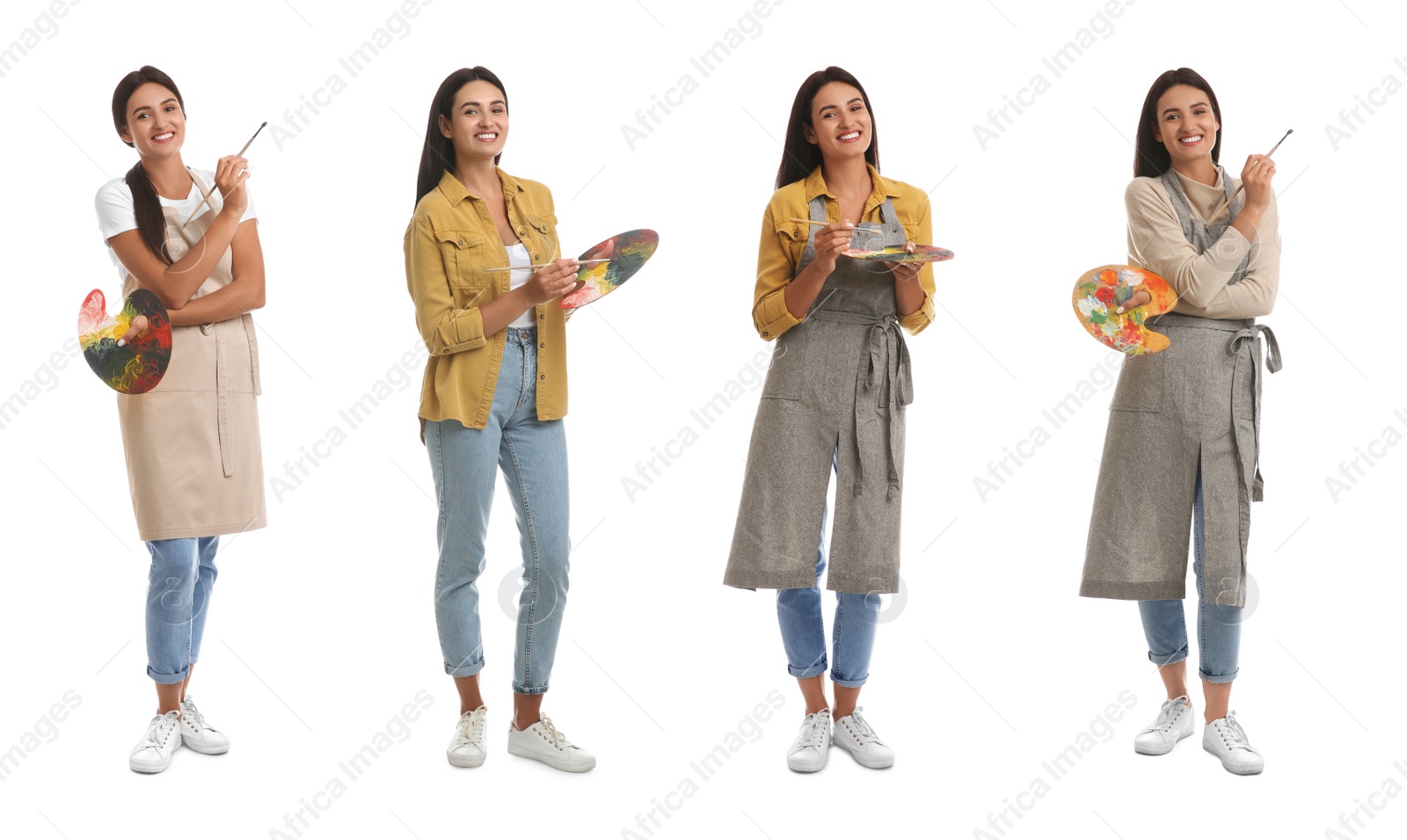 Image of Young woman with drawing tools on white background, collage