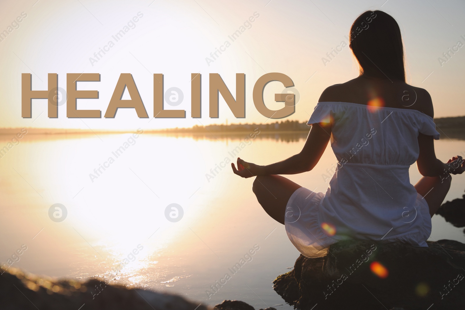 Image of Young woman meditating near river at sunset, closeup. Nature healing power