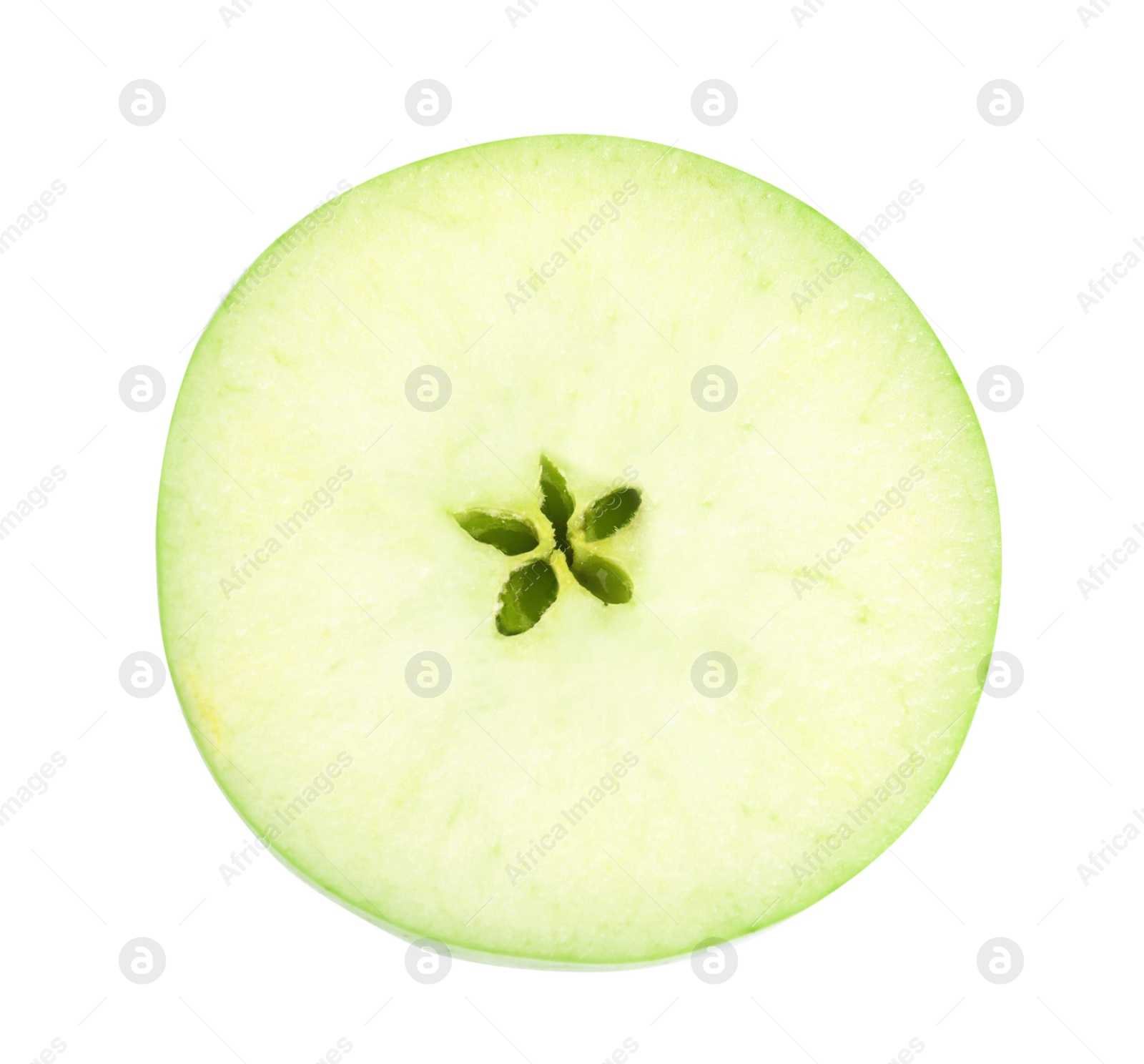 Photo of Half of fresh green apple on white background, top view