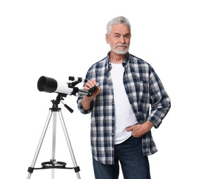 Photo of Senior astronomer with telescope on white background