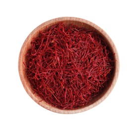 Photo of Dried saffron in wooden bowl isolated on white, top view