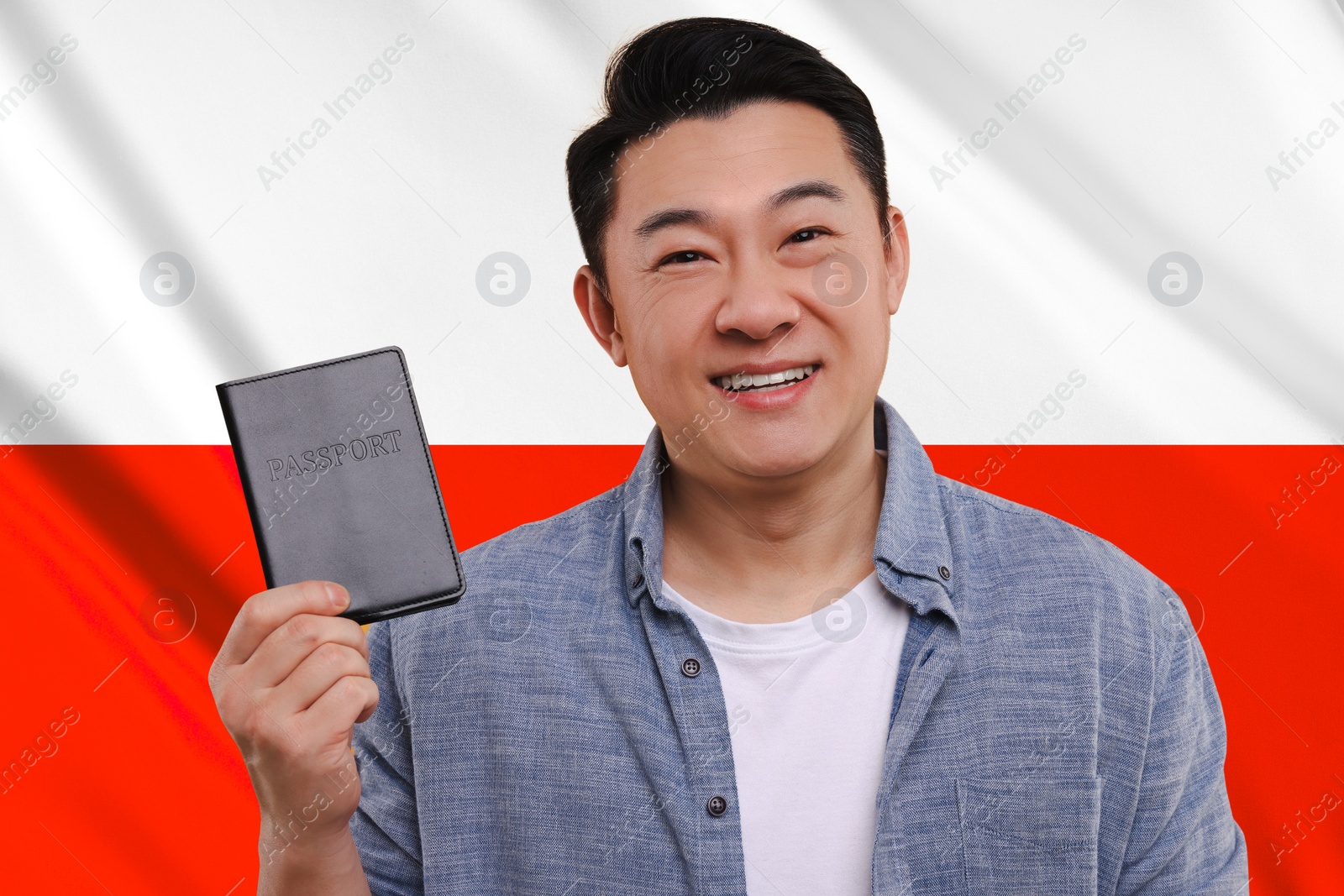 Image of Immigration. Happy man with passport against national flag of Poland