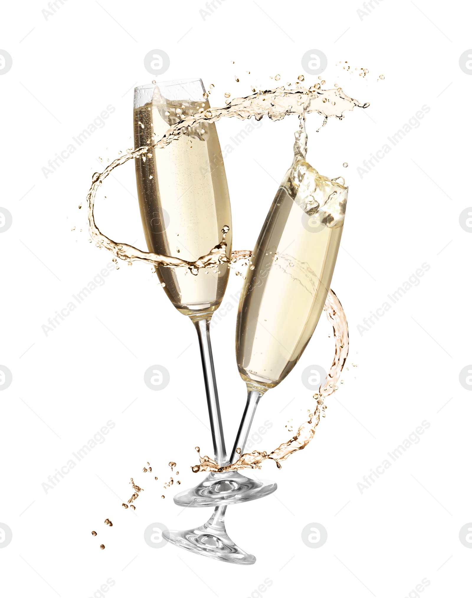 Image of Glasses with sparkling wine and splashes on white background