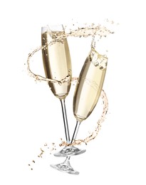 Image of Glasses with sparkling wine and splashes on white background