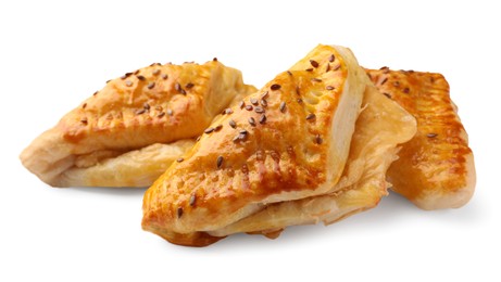 Fresh delicious puff pastry with cheese on white background, closeup