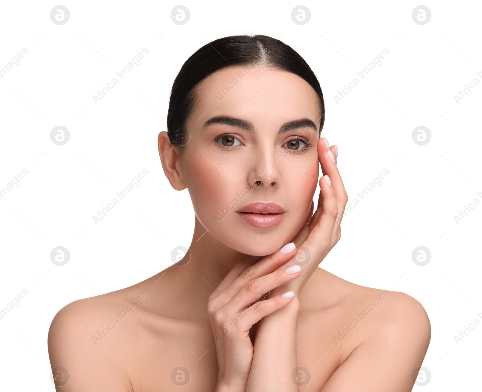 Photo of Beautiful woman with healthy skin on white background