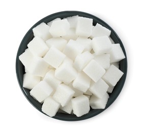 Bowl of sugar cubes isolated on white, top view
