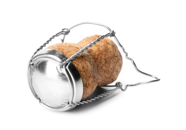 Champagne cork with wire cage isolated on white