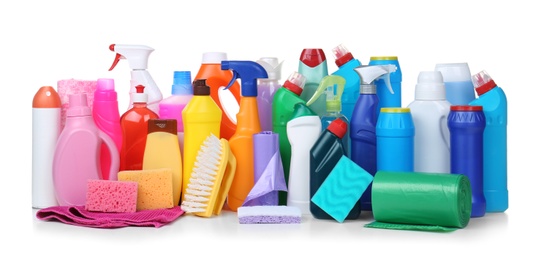 Photo of Different cleaning supplies on white background