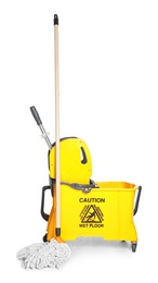 Photo of Mop and bucket on white background. Cleaning tools