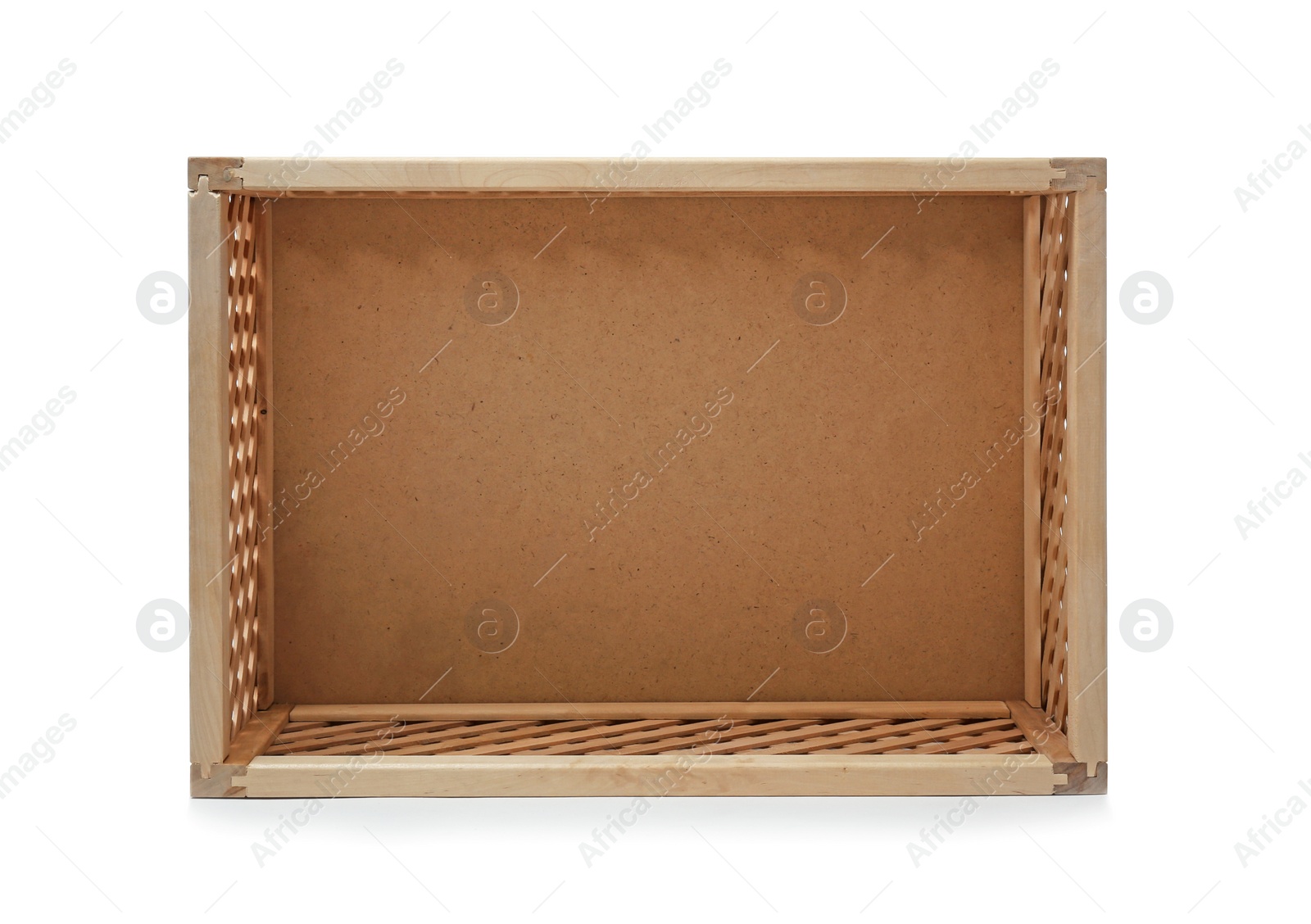 Photo of Empty open wooden crate isolated on white