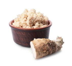 Photo of Bowl of tasty prepared horseradish and root isolated on white